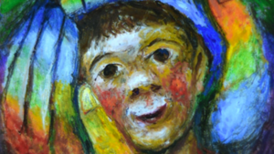 peinture, enfant dans les mains du père